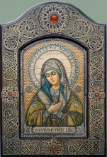 The Mother Of God Of "Tender Feeling" Serafimo-Diveevskaya - pine, cut out birch, oil, serpentine marble, amber